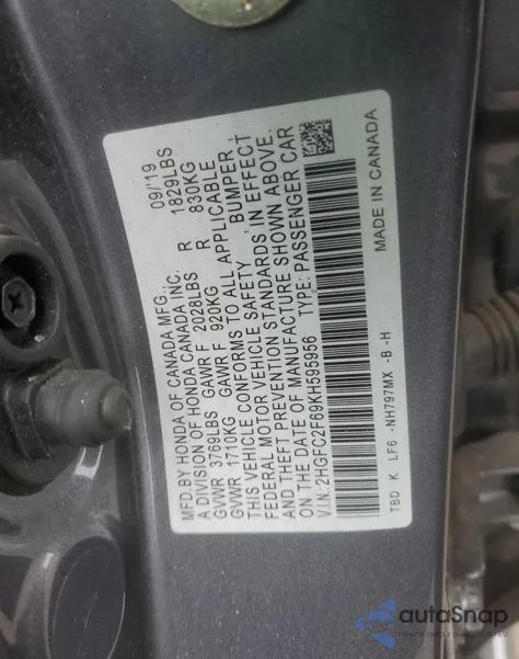 2019 Honda Civic Lx z USA, uszkodzony, nr VIN 2HGFC2F69KH595956